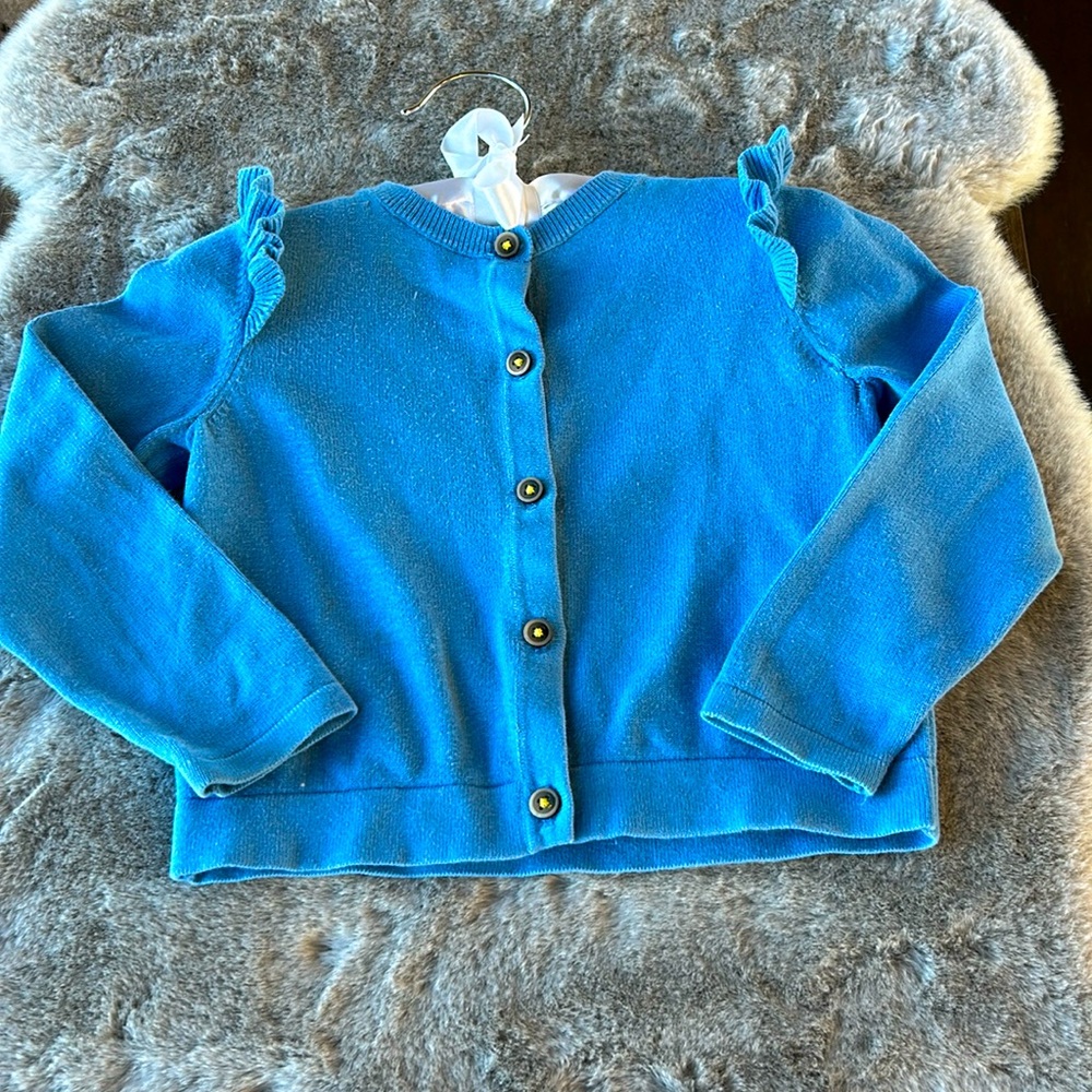 MINI BODEN blue cardigan w ruffle sleeve accent 2T